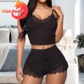 Vist Fox Women Pajamas Set Lace Edge Elastic Waist Women Nightwear Set.