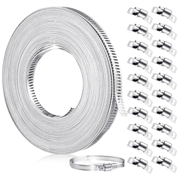 33Ft Stainless Steel Hose Clamp DIY Metal Strap and 20 Pcs Fasteners Adjustable Worm Gear Hose Clamps for Pipe Tube Easy Install Easy to Use