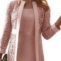 Women Outfit Solid Color Lace Cardigan Long Sleeve Knee-length Dress Coat Set for Office Coat + Vest Dress Female Two-Piece Suit.