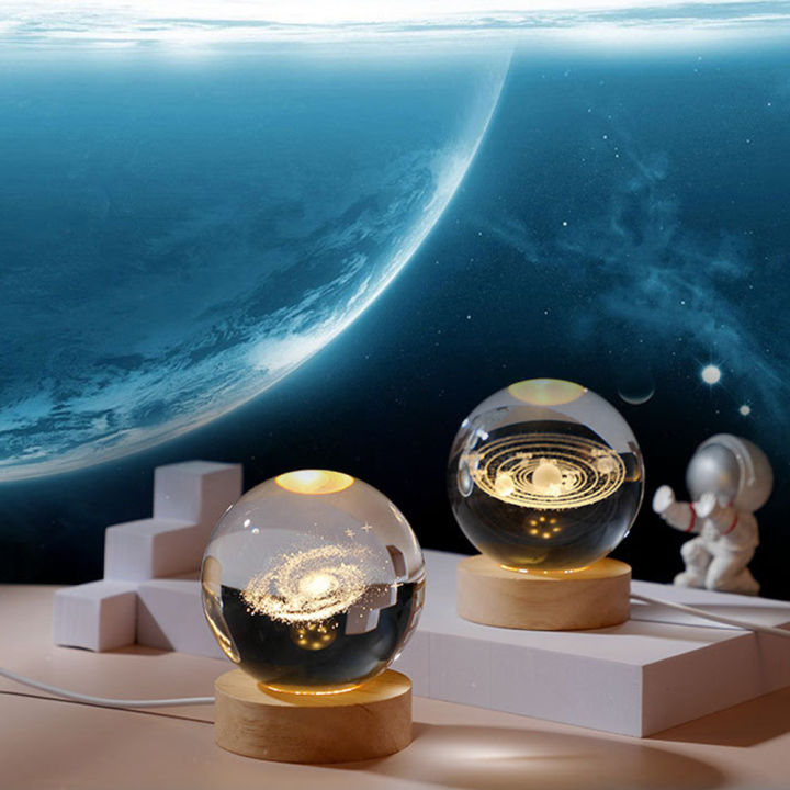 LED Crystal Ball Night Light Milky Way System Crystal Ball 3D Engraved Glass Ball Night Lamp with Wooden Base for Art Decoration