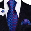 Designer Blue Red Plaid Ties for Men Silk Necktie Pocket Square Cufflinks Set Wedding Gift Party Barry·Wang Clip Brooches 6332. 