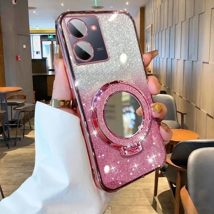 New Phone case Vivo Y36 4G Y36 5G Back cover with Makeup Mirror Holder Stand Luxury Shiny Gradient Plating Glitter Slim Phone cases Transparent Soft Silicone Protective Pouch Women Girls