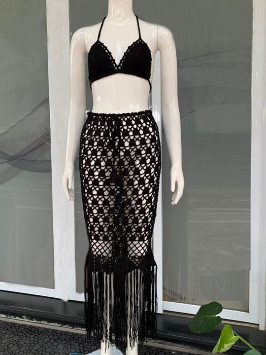 Women%20Crochet%20Bikini%20Top%20With%20Dress%20Tassel%20Beach%20Wear%20Cover%20Up%20Handmade%20Black%20Cotton%20Adjustable%20Lace%20String%20Luxury%20Dresses%20-%20Image%204