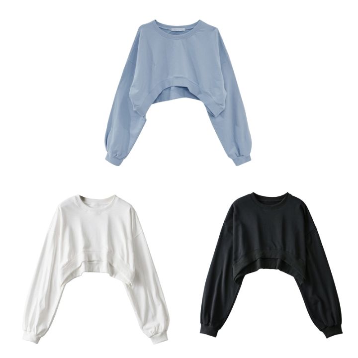 Women Long Sleeve Cropped Crop Top Hoodies Sweatshirt Causal Loose Pullover Tops Hickeys Miees