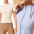 Aiithuug Yoga Tops Zipper Short Sleeve Gym Shirts Waist Slimmer Zip Up Sports Workout Top Fitness Jackets Running Slim Fit Tops. 