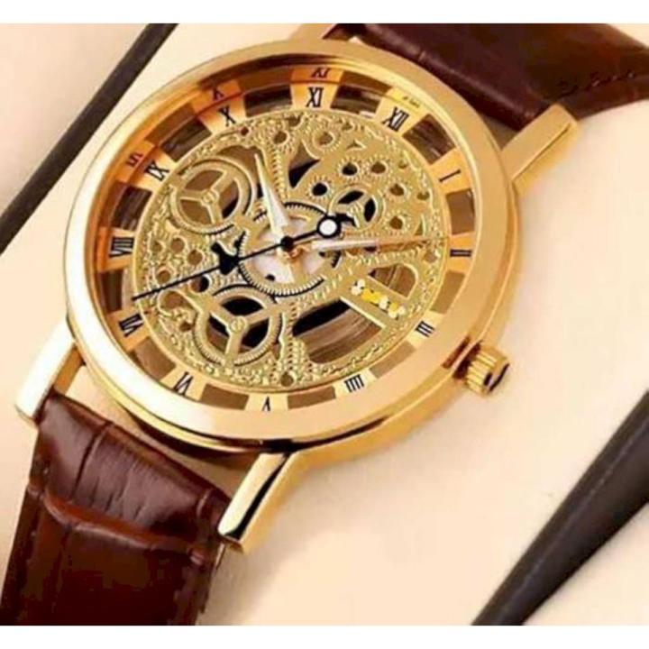 Analog Luxurious Look Brown Artificial Leather Strap Men Wrist Watch Daraz .bd