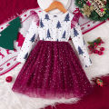 Kids Christmas Dress for Girls Clothes Autumn Winter 2024 New Child Casual Print Long Sleeve Mesh Patched Princess Dress 2-8Y. 
