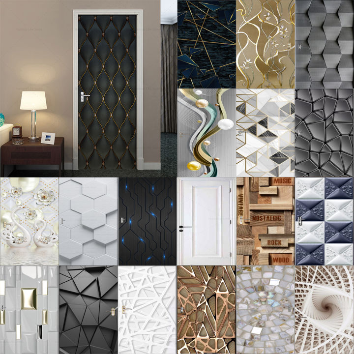3D Geometric Door Stickers Home Decoration Black and White Abstract Lines Whole Door Mural Cover Self-adhesive Living Room