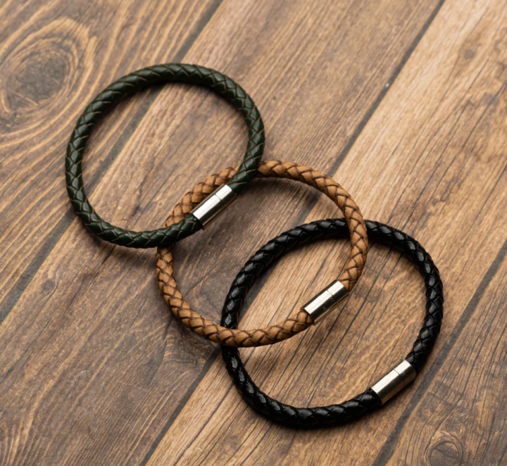 PU Leather Bracelet Black Silver Men's Unisex