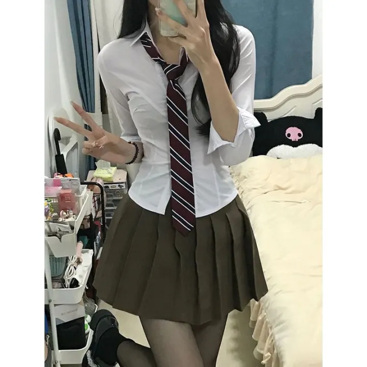 Preppy%20Style%20Korean%20Style%20Slim%20Fit%20Waist%20Trimming%20Shirt%20Top%20Women's%20Spring%20and%20Autumn%20Pleated%20Skirt%20Short%20Skirt%20Two-Piece%20Suit%20Fashion%20-%20Image%203