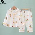 Kids Summer Thin Pajamas Sets New 2023 Boys Girls Cotton Linen Cartoon Long Sleeve Lapel Shirt Tops with Pants Baby Home Wear.