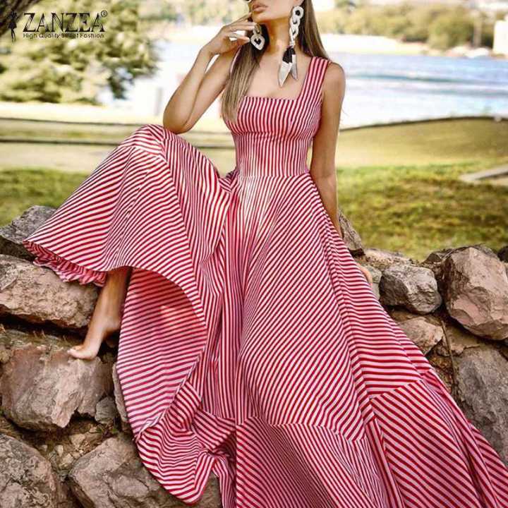 ZANZEA Holiday Long Maxi Dresses Womens France Elegant Tank Dress 2023 Summer Chic A Line Robe Party Striped Sleeveless Sundress House Foocus