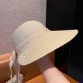 Summer Women Large Bow Straw Hat Portable Foldable Holiday Beach Sun Visors Hand Woven Solid Color Female Sunshade Bonnet Cap. 