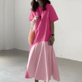 Women’s Ruffled Hem A-Line Robes Fashion Casual Loose O Neck Short Sleeve Dress Patchwork Midi Dress. 