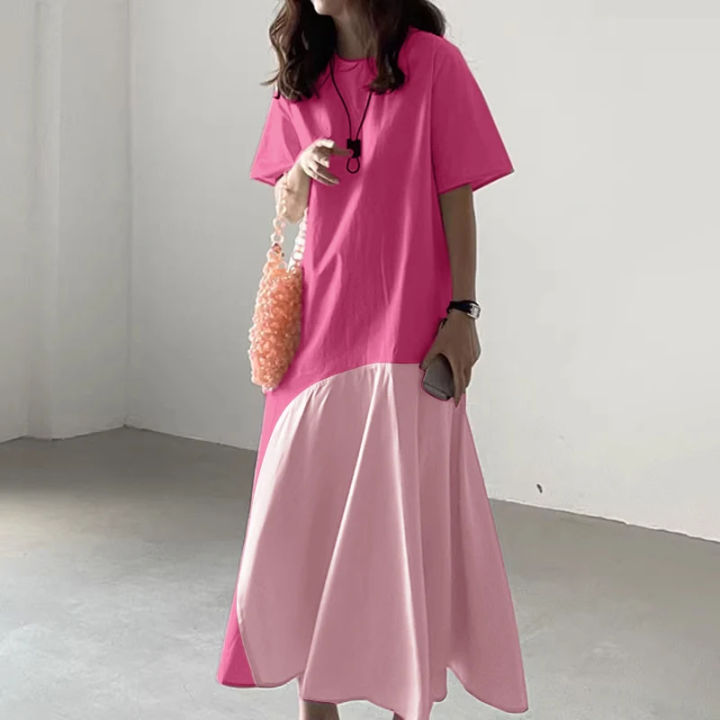 Women%E2%80%99s%20Ruffled%20Hem%20A-Line%20Robes%20Fashion%20Casual%20Loose%20O%20Neck%20Short%20Sleeve%20Dress%20Patchwork%20Midi%20Dress%20-%20Image%203