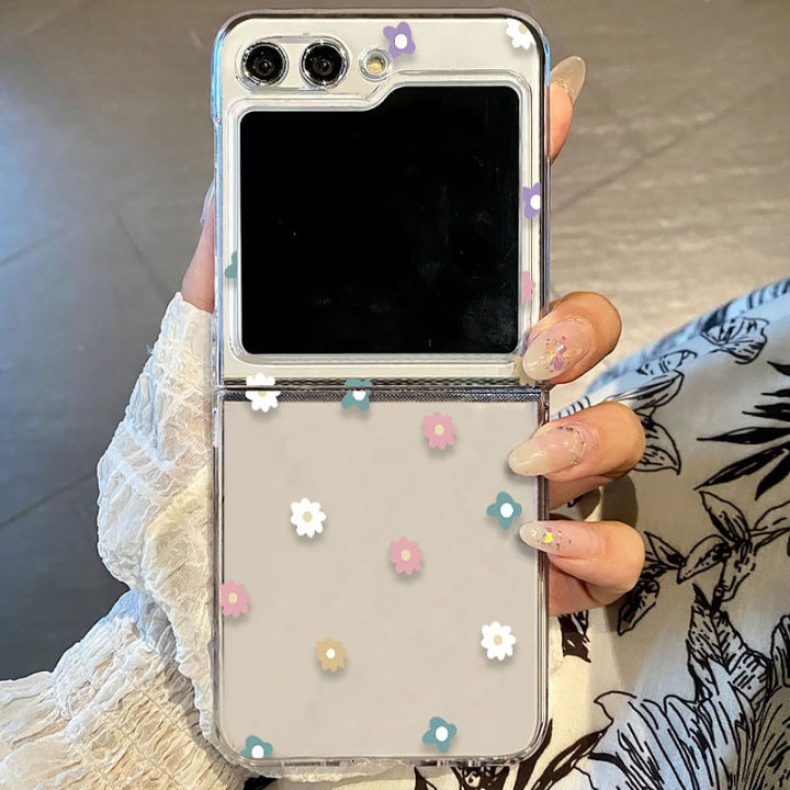 Flower Pattern Folding Clear Case For Samsung Galaxy Z Flip 6 5 4 Floral Transparent Hard Cover For Samsung Z Flip5 Flip4 Flip3