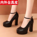 Model Cheongsam Shoes for Catwalk Women's Chunky Heel Platform Platform Black High Heels Large Size Leather Pumps Soft Calf Leather Shoes. 