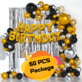 Birthday Decoration Combo Pack – Foil Birthday Banners, Silver Curtain, Golden Confetti Balloons, Metallic Balloons With Balloon Arch & Glue. 