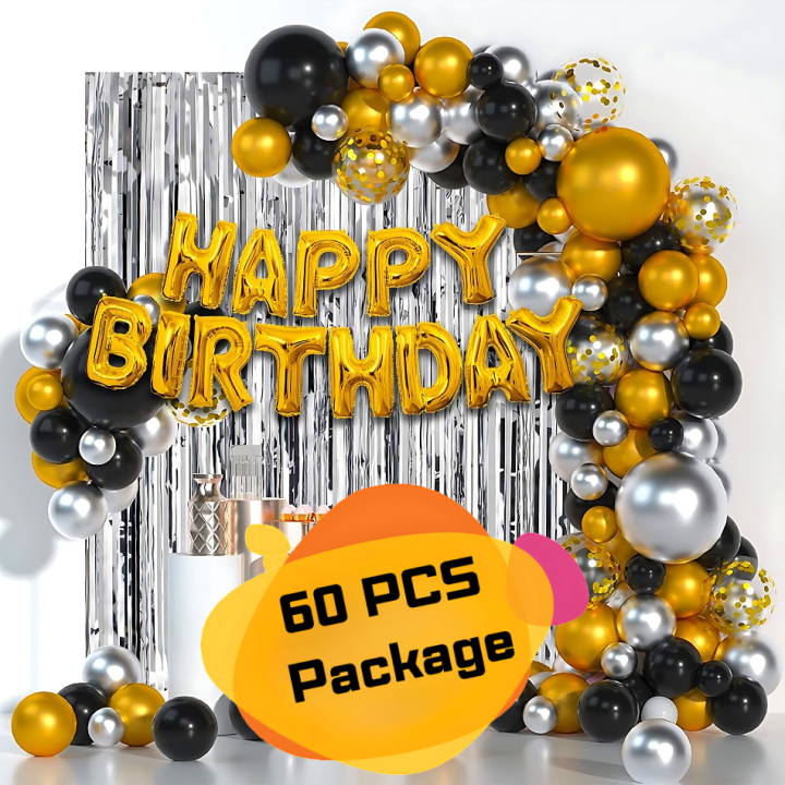 Birthday Decoration Combo Pack – Foil Birthday Banners, Silver Curtain, Golden Confetti Balloons, Metallic Balloons With Balloon Arch & Glue