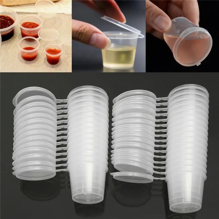 30Pcs 25ml Disposable Plastic Takeaway Sauce Cup Containers Food Box With Hinged Lids Small Transparent Plastic Palette Reusable