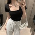 【New and Improved】 Fashion Square Collar Women T-shirt Black White Short Sleeves Women Top Solid Color Slim Fit Tee.