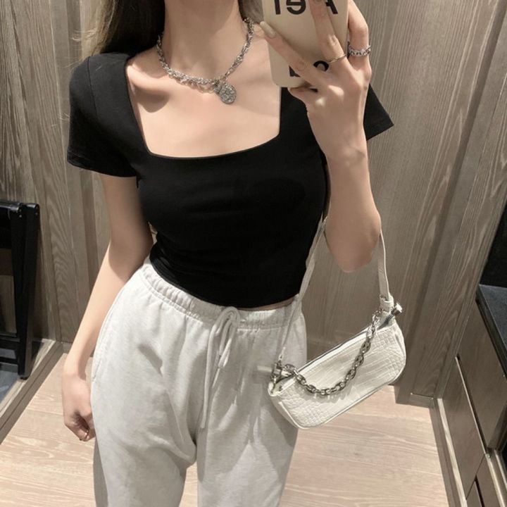%E3%80%90New%20and%20Improved%E3%80%91%20Fashion%20Square%20Collar%20Women%20T-shirt%20Black%20White%20Short%20Sleeves%20Women%20Top%20Solid%20Color%20Slim%20Fit%20Tee%20-%20Image%207