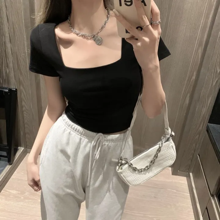 %E3%80%90New%20and%20Improved%E3%80%91%20Fashion%20Square%20Collar%20Women%20T-shirt%20Black%20White%20Short%20Sleeves%20Women%20Top%20Solid%20Color%20Slim%20Fit%20Tee%20-%20Image%207