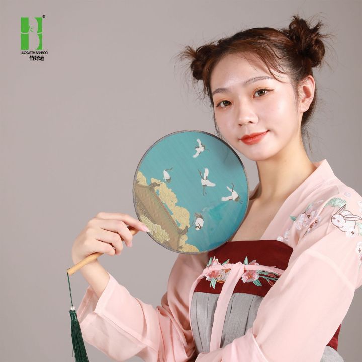 National Fashion Hanfu Chinese Fan Ancient Style Ruihe National Style Dancing Folding Fan Medium Long Handle Palace Fan Circular Fan