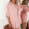 Premium Quality - Women's Solid Color 3/4 Rolled-Up Sleeve Loose Shirts Dress Buttons Down Side Slit Shirt Dresses - Trend and Need full.