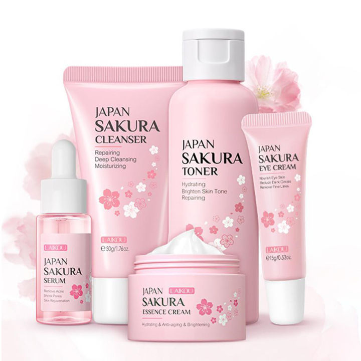 Laikou Japan Sakura Skin Care Set - 5pcs [serum Cream Toner Eye Cream Cleanser Combo]