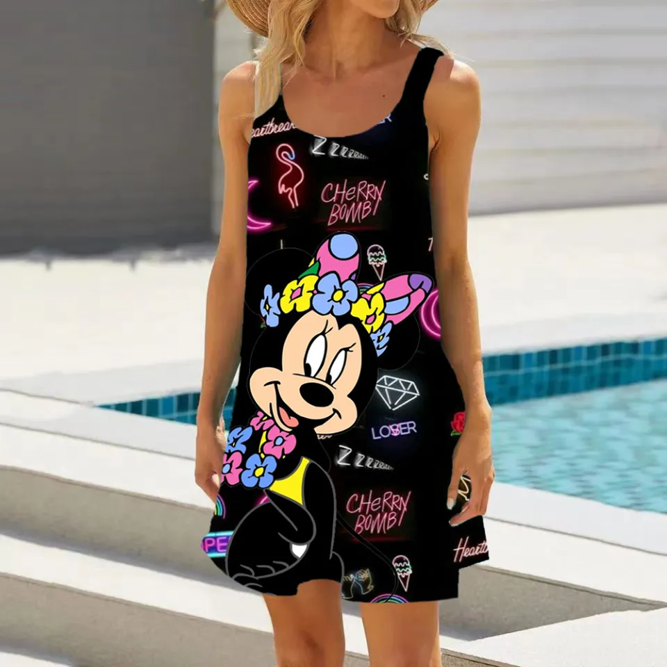 Minnie Mouse Elegant Dresses For Women Woman 2024 Disney Beach Dress Mickey  Dress Fashion Top Print Casual Loose Oversized Dyr