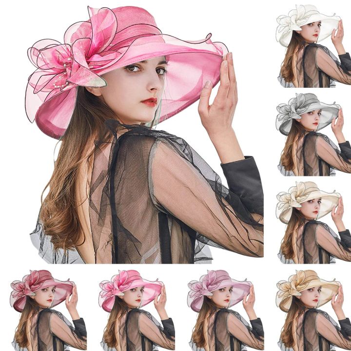 Elegant%20Women's%20Summer%20Hat%20Wide%20Bridal%20Style%20Leaf%20Flower%20Mesh%20Polyester%20Shower%20Hats%20Solid%20Color%20Sun%20Protection%20Visors%20Caps%20-%20Image%202