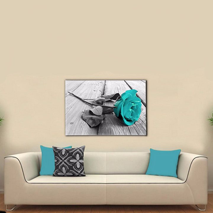 Wall%20Decor%20Canvas%20Gift%20Flower%20Floral%20Back%20and%20White%20Teal%20Rose%20Wall%20Art%20Picture%20Large%20-%20Image%207