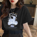 138 Korean Style Short Sleeve T T-shirt Women's, Blue Bottoming Top round Neck Loose Casual New Bear Printed Summer T-shirt.