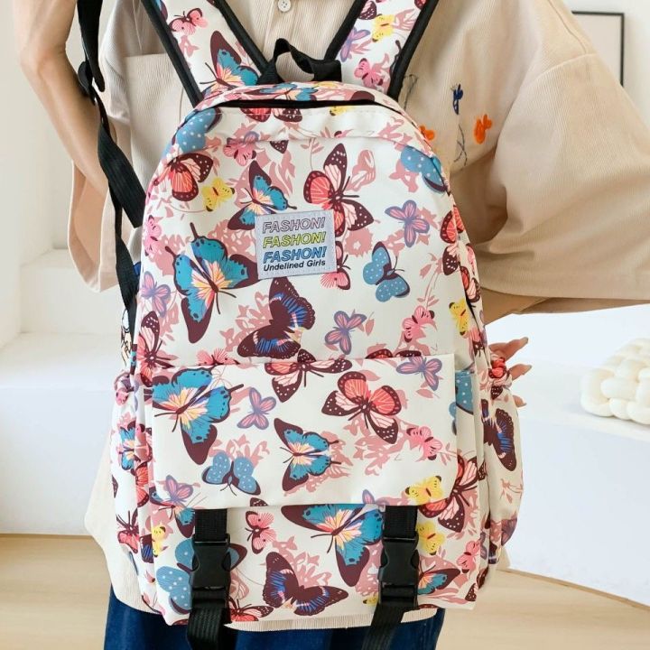 Large capacity Japanese butterfly backpack lightweight nylon cloth upper flap backpack printed high quality junior high school student school bag