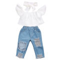 Summer girls' suit, children's one-shouldered white top, ripped jeans suit, fashion trendy girls' wear. 
