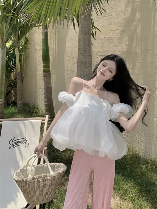 Pure%20Desire%20Puff%20Sleeve%20Halter%20Sling%20Shirt%20for%20Women%202023%20Summer%20New%20Sweet%20Gentle%20Short%20Puffy%20Yarn%20Small%20Shirt%20-%20Image%204