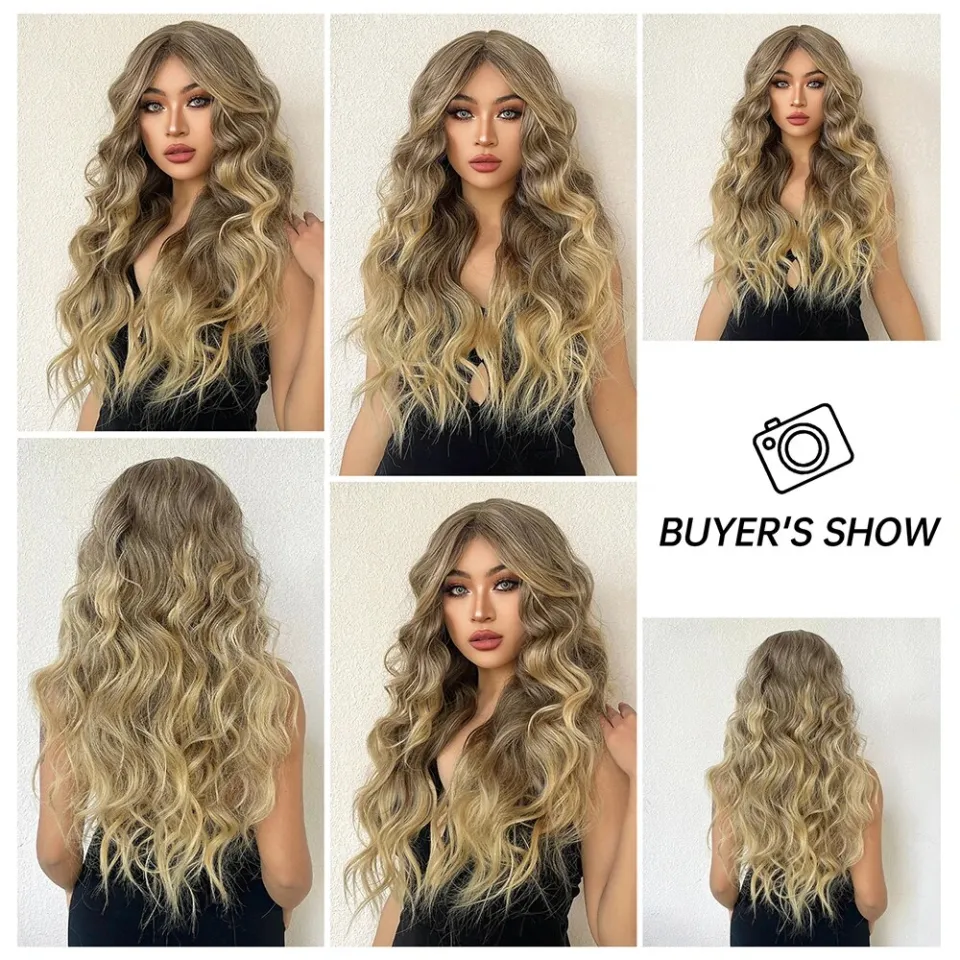 Brown Blonde Synthetic Wigs Long Water Wave Curly Wig Middle Part