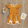 Jumperjuser-Toddler Kids Girls 2 Pieces Outfit, Fly Sleeve Round Neck Contrast Color T-Shirt + Bowknot Shorts Summer Set. 