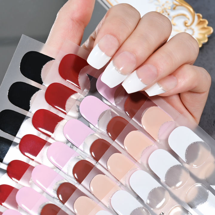 【Top-rated】 16Tips/Sheet French UV Semi-Cured Gel Nail Wraps Long Lasting Full Cover White Tip Sticker Waterproof LED Lamp Gel Nails Decals