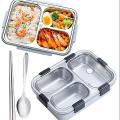 Leakproof Stainless Steel Lunch Box With 3 Compartments- Perfect For Kids Or Office Lunches - Comes With Spoon And Fork For Convenient Dining.