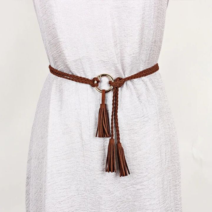 【beauty code store】Fashion Women Solid Color Tassel Belt Bohemian Thin Rope Knit Belts For Dress Waistbands Belt Accessories