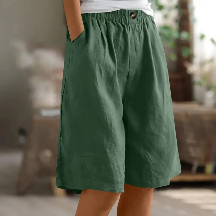 Fashion%20Solid%20Color%20Pants%20Pocket%20Button%20Up%20Capris%20Elastic%20Waist%20Loose%20Cotton%20Linen%20Women's%20Shorts%20-%20Image%206