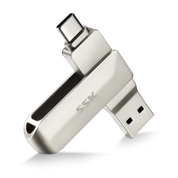 SSK 2 IN 1 Type-C USB 3.0 Flash Drive Rotation Zinc Alloy USB Disk 32G 64G 128G 256G Portable Thumb Drive for Computer Phone FD050