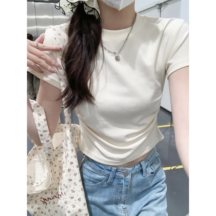 European%20and%20American%20Solid%20Color%20Shoulder%20T%20T-shirt%20Short-Sleeved%20Women's%20Summer%20Slim-Fit%20Chic%20Short%20Waist%20Easy%20Matching%20Waisted%20Gray%20Top%20-%20Image%204