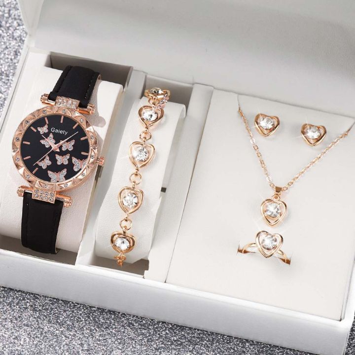 Luxury watch women ring necklace earrings rhinestone 6PCs set