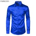 Royal Blue Silk Satin Shirt Men 2023 Luxury Brand New Slim Fit Mens Dress Shirts Wedding Party Casual Male Casual Shirt Chemise. 