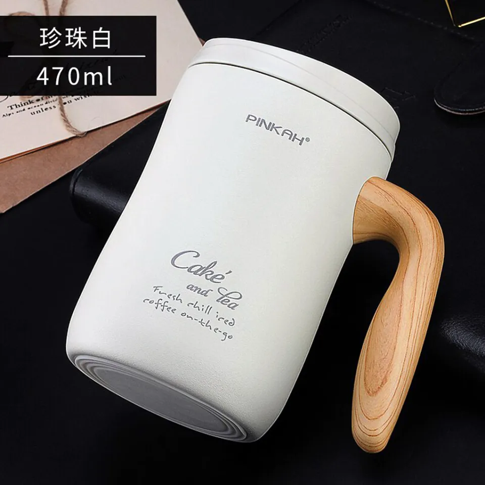 Pinkah 470Ml Vacuum Coffee Cup With Wood Handle Insulation Mug