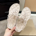 Cross border women's shoes foreign trade plus size bohemian herringbone sandals women's shoes summer new clip-toe flower flat shoes.