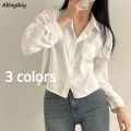 Vintage Shirts Women Chic Korean Fashion Simple All-match Long Sleeve Office Lady Tops Clothing Summer Sun-proof Elegant Cropped.